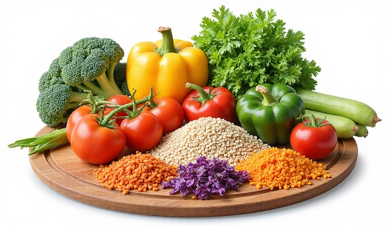 Ilustracja przedstawiająca zbilansowany posiłek z warzywami, owocami i produktami pełnoziarnistymi, symbolizująca zdrowe odżywianie i witalność.