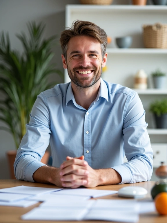 Profesjonalny portret dyplomowanego nutrycjonisty, mężczyzny w średnim wieku, uśmiechniętego, w czystym i nowoczesnym gabinecie, z rozłożonymi na stole materiałami edukacyjnymi.